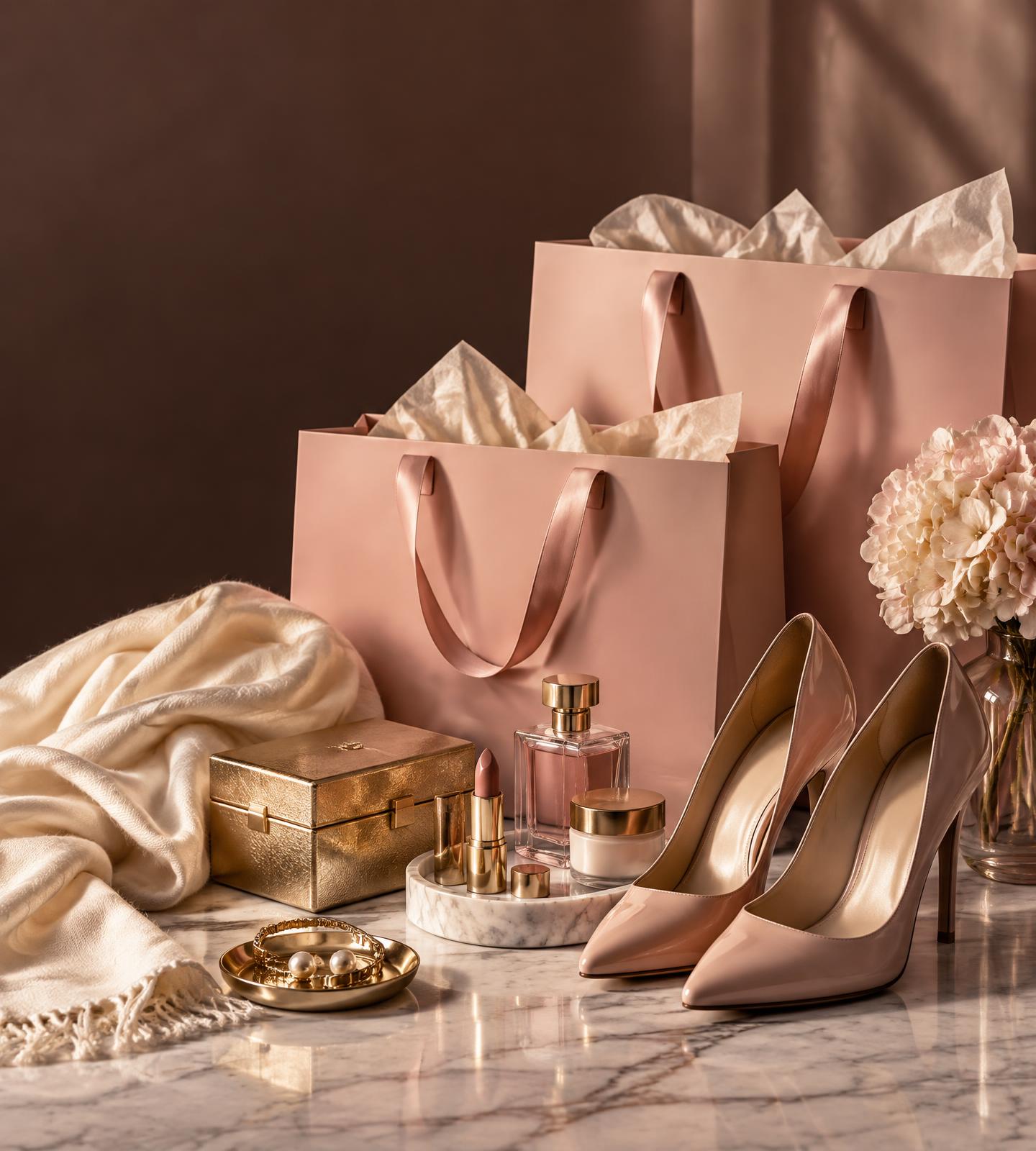 Pink shopping bags, shoes, beauty products, and gold accessories